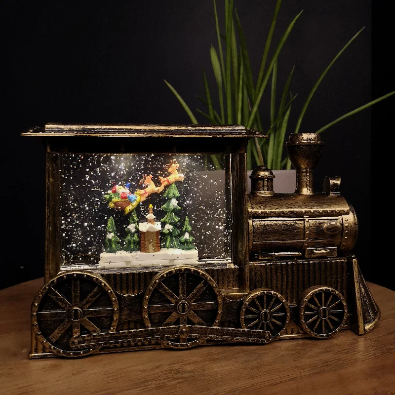 29cm Gold Water Spinner Christmas Train and with Santa Scene Decoration