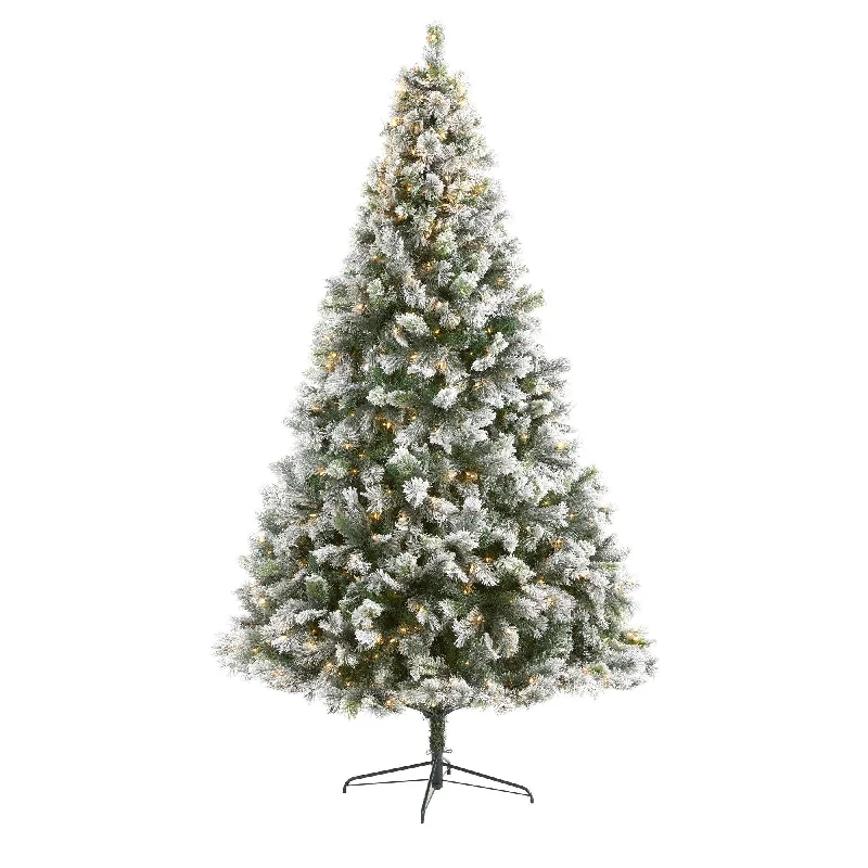 9’ Flocked Oregon Pine Artificial Christmas Tree with 600 Clear Lights and 1580 Bendable Branches