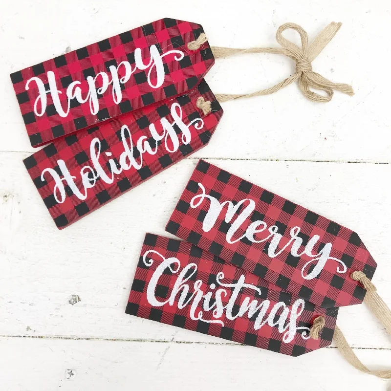 6.5" Wooden Red/Black Buffalo Check Christmas Door Hanger Ornaments