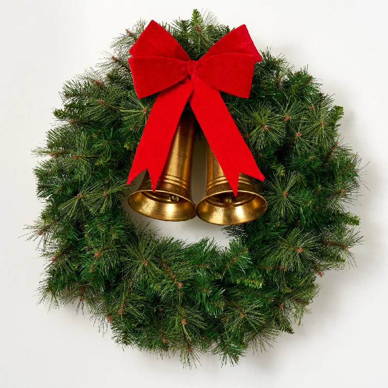 Carol of the Bells - Oversized Gold Carillon Bells & Red Velvet Bow On Extra Large Pine Base Christmas Wreath