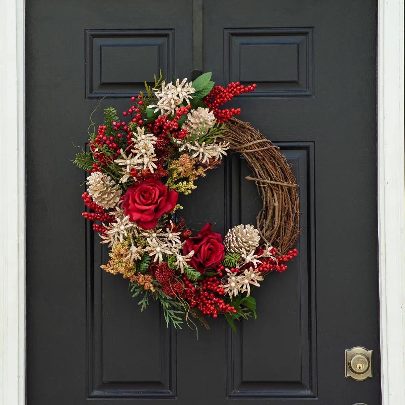 Carol of the Pearls - Red Rose, Mixed Evergreen & Pearled Sparkling Blossom Christmas Front Door Wreath