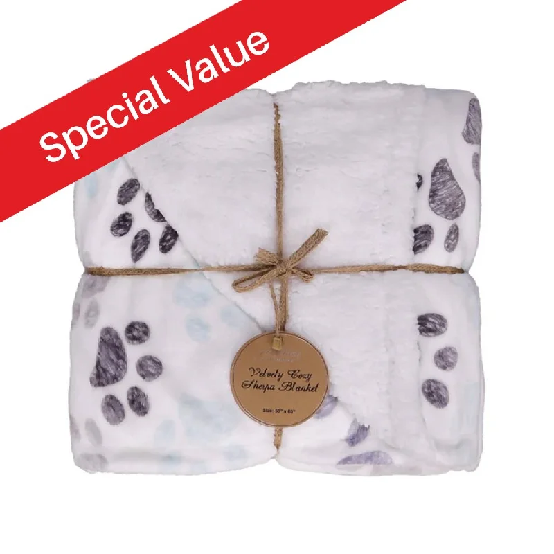 50" x 60" Paw Print Velvety Fleece Sherpa Blanket - At Home by Mirabeau