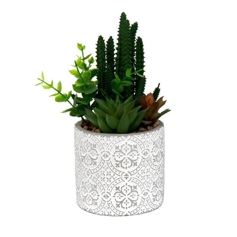 Faux Succulent Ceramic White with Aztec Pattern - 20cm