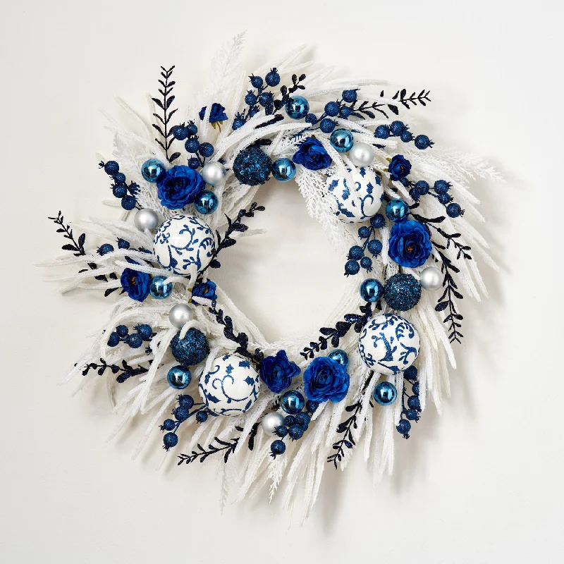 Longest Night - White Norfolk, Slate Blue & Chinoiserie Ornament Ball Christmas Wreath