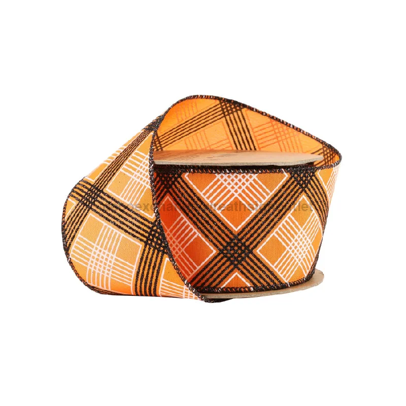 2 1/2" Wired Ribbon | Black/ White Bias Plaid On Orange | 10 Yard Roll 9701W-058-63E