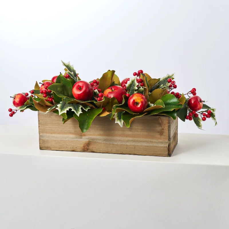 Classic Red Apple, Holly & Magnolia Leaf Christmas Arrangement in Large Wood Planter Box