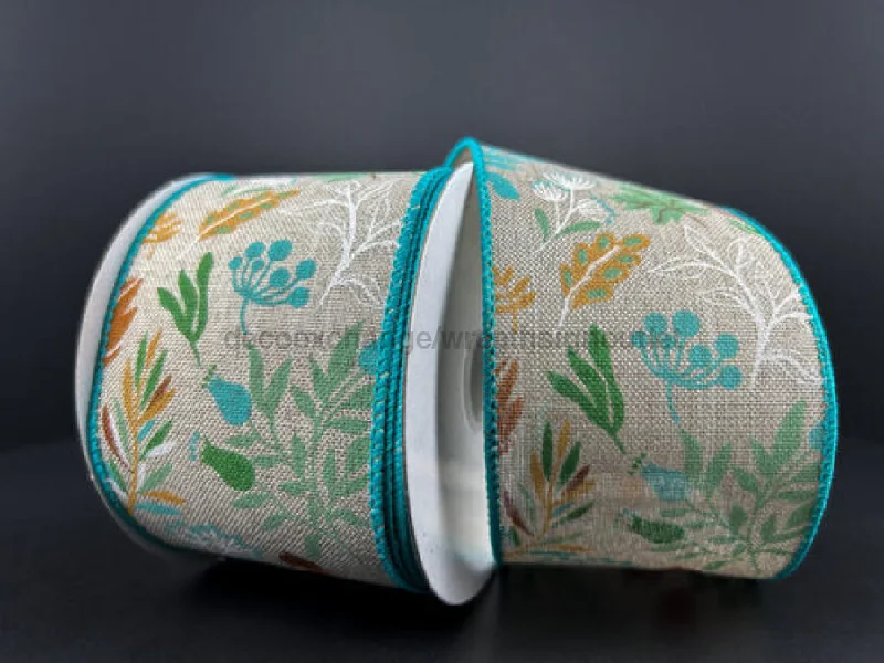 Natural Linen Ribbon featuring Green, Teal, and Sunflower Fall Foliage, 2.5"X10Y 61409-40-45