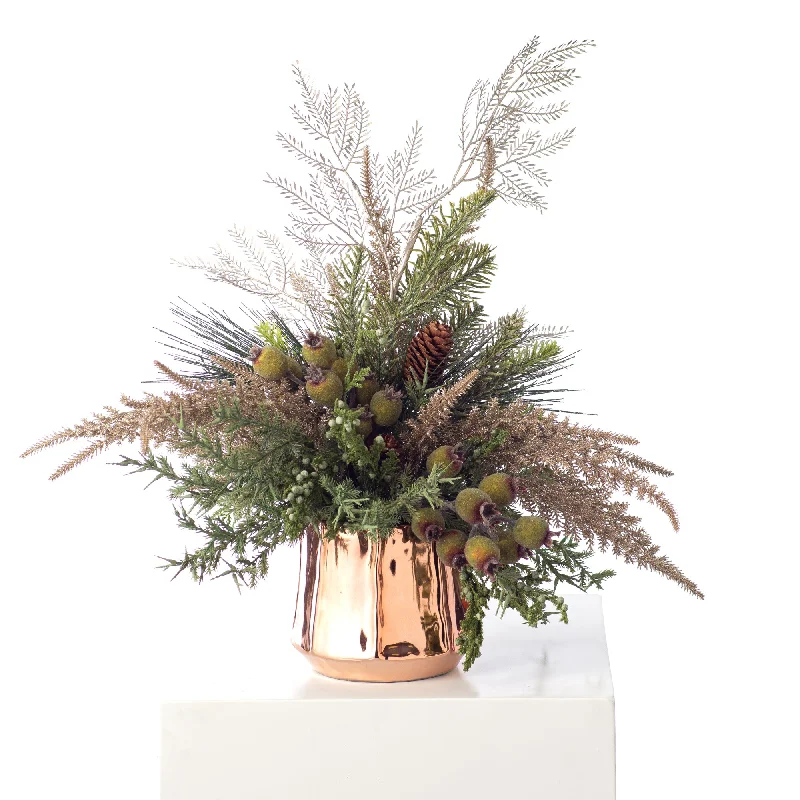 Winter's Holiday Mixed Juniper, Beaded Rosehip, Frosted Gold Glitter Pine & Silver Metallic Mimosa Branch Christmas Arrangement Centerpiece in Ceramic Copper Pot